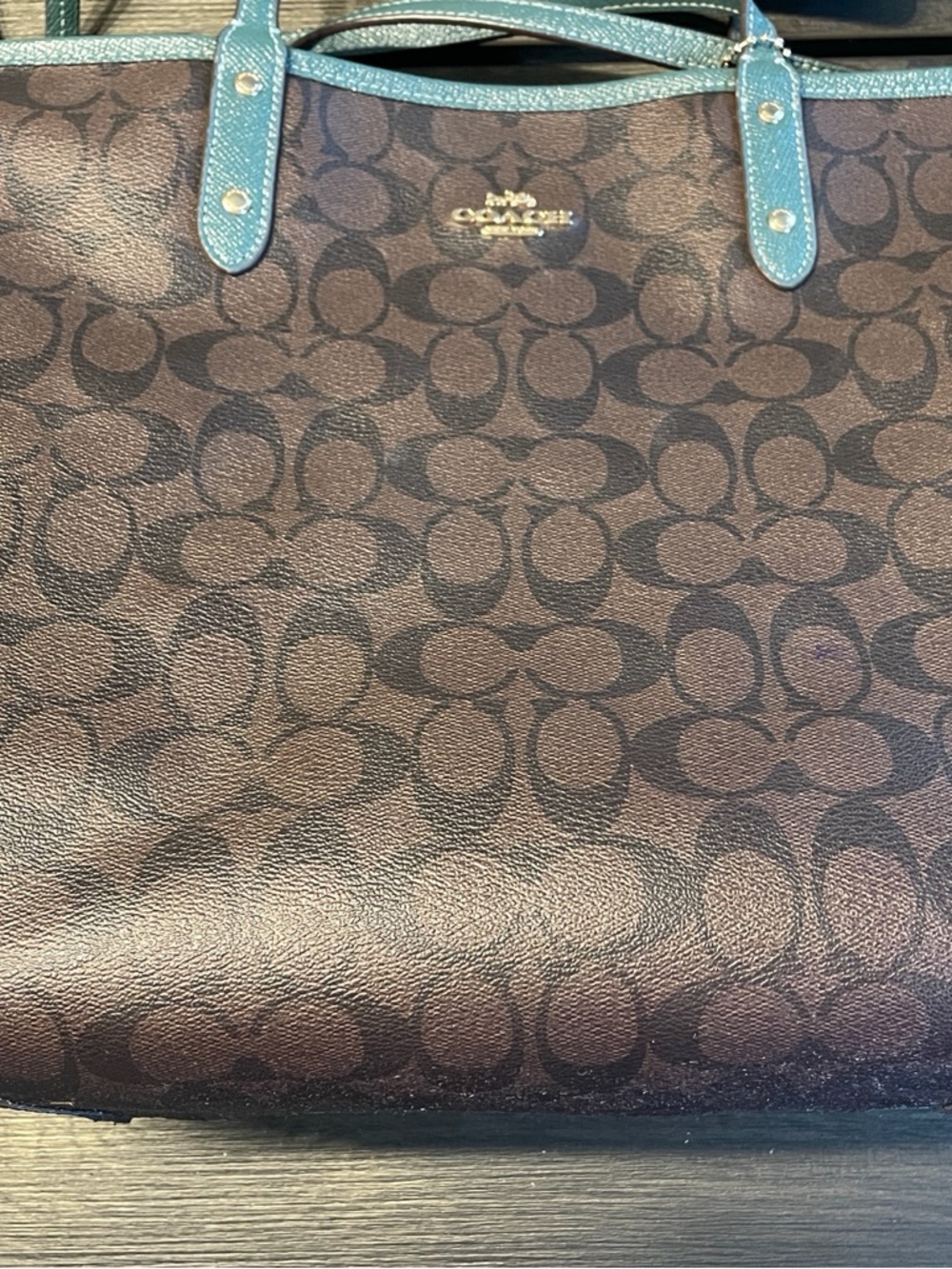 Coach Classic Brown Signature Canvas ReversibleTote with Teal Wristlet. - Picture 2 of 8